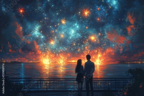 A couple watches fireworks erupt over the ocean under a starry sky. Generative AI