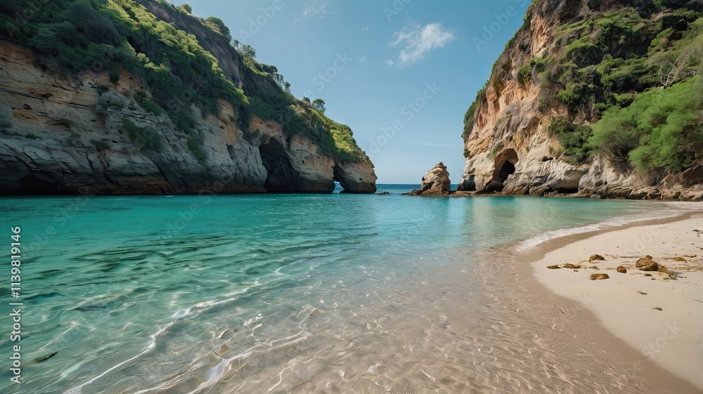 Fototapeta premium Secluded Cove Paradise: Turquoise waters lap a pristine sandy beach nestled between dramatic cliffs, sunlight illuminating a hidden oasis of tranquility. 