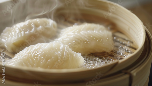 har gow dumplings being steamed in bamboo basket photo