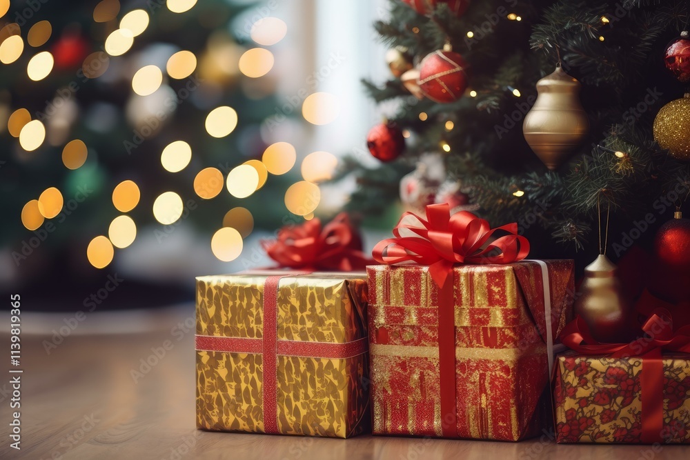 Christmas presents wrapped in gold and red paper with ribbons sit under a decorated christmas tree with blurred lights in the background Christmas presents wrapped in gold and red paper with ribbons sit under a decorated christmas tree with blurred lights in the background