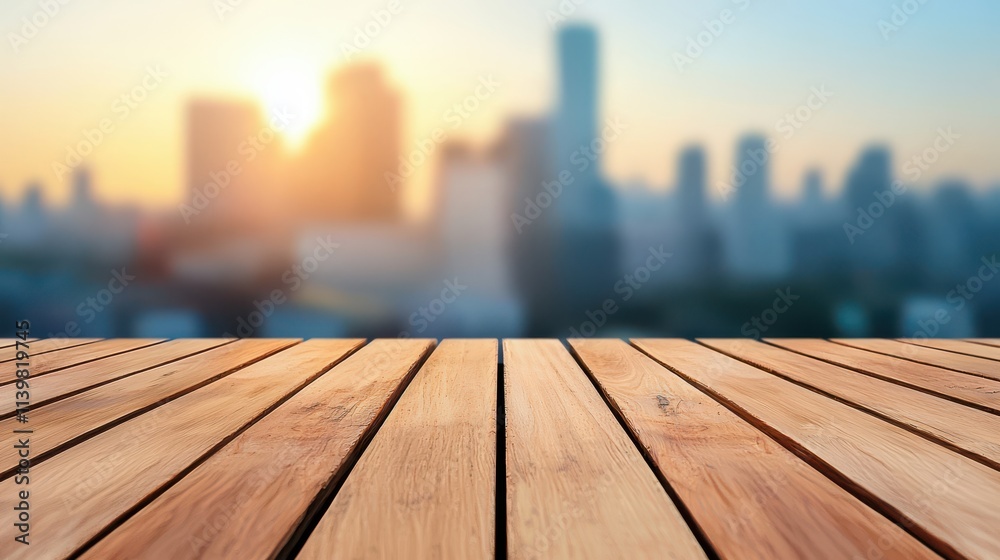 Wooden table with a city skyline in the background. The city skyline is blurry, giving the impression of a city at sunset Wooden table with a city skyline in the background. The city skyline is blurry, giving the impression of a city at sunset