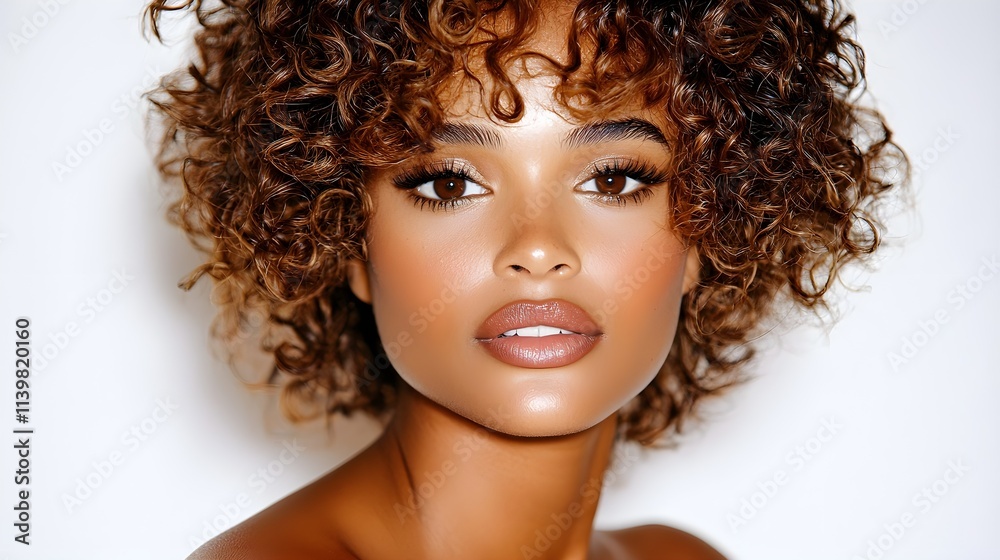 elegant African American woman, close-up shot, defined curls, flawless skin, confident gaze, soft light, isolated on white background elegant African American woman, close-up shot, defined curls, flawless skin, confident gaze, soft light, isolated on white background