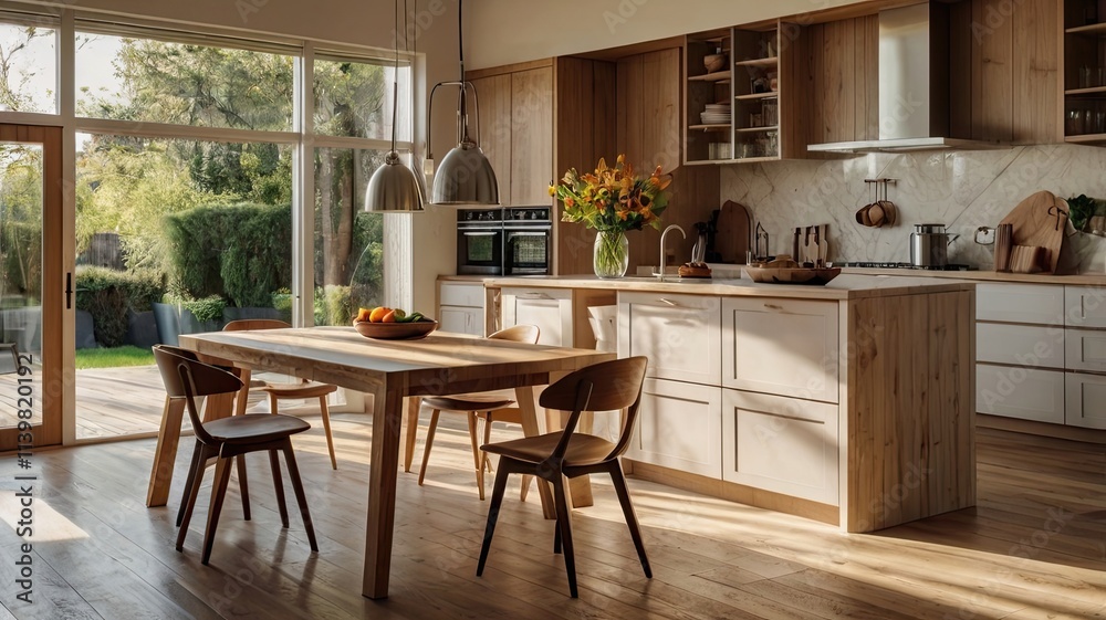 Sunlit Kitchen Haven: Warmth and serenity fill this modern kitchen, bathed in natural light streaming through expansive windows. Sunlit Kitchen Haven: Warmth and serenity fill this modern kitchen, bathed in natural light streaming through expansive windows.