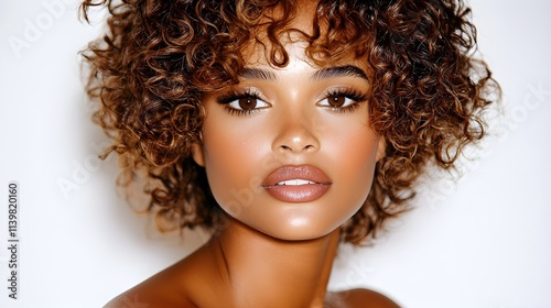 elegant African American woman, close-up shot, defined curls, flawless skin, confident gaze, soft light, isolated on white background