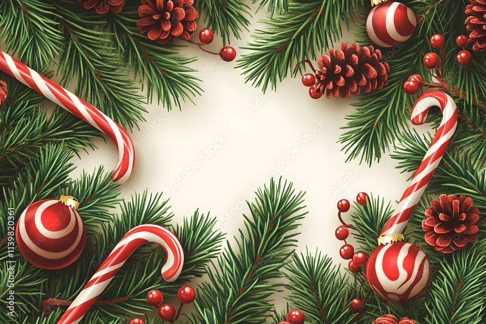 Festive Christmas frame with candy canes, ornaments, pine cones, and fir branches on cream background. Festive Christmas frame with candy canes, ornaments, pine cones, and fir branches on cream background.