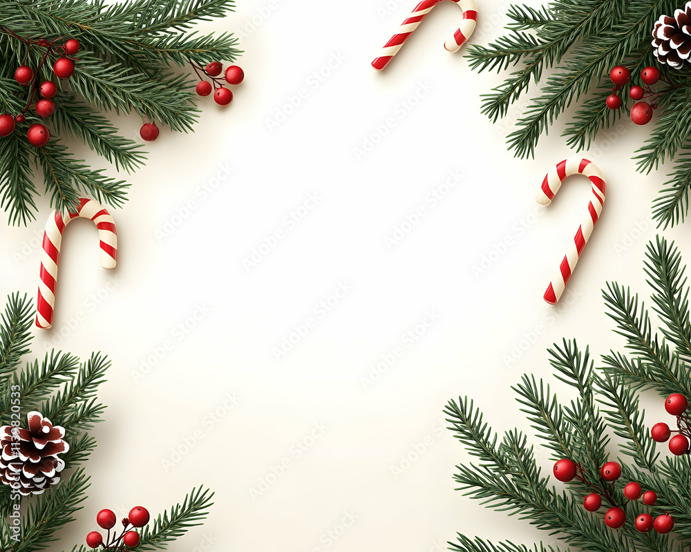 Festive Christmas frame with candy canes, pine branches, berries, and pinecones on white background.