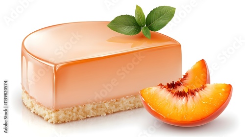 elegant peach cake slice, shiny glaze top, soft texture, realistic peach decoration, fine bakery presentation, isolated on white background photo