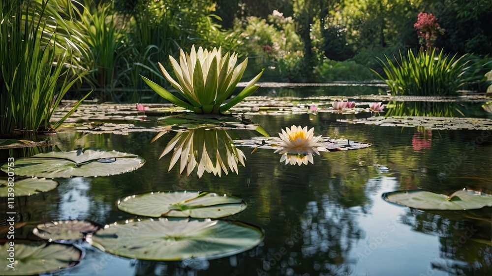 Serene Water Lily Pond: Tranquil garden scene with water lilies, lush greenery, and reflections in calm water. A peaceful escape in nature's embrace. Serene Water Lily Pond: Tranquil garden scene with water lilies, lush greenery, and reflections in calm water. A peaceful escape in nature's embrace.