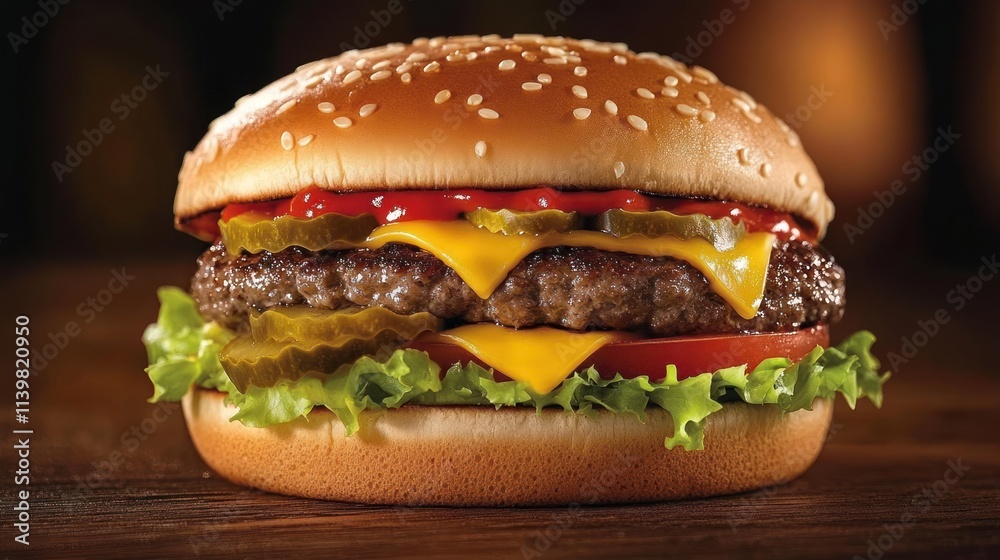 Juicy double cheeseburger with lettuce, tomato, pickles, and sesame seed bun. Juicy double cheeseburger with lettuce, tomato, pickles, and sesame seed bun.