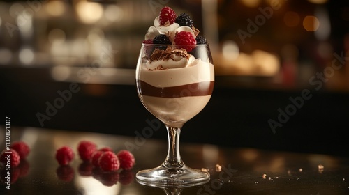 Creamy Dessert in Glass Topped with Berries and Whipped Cream