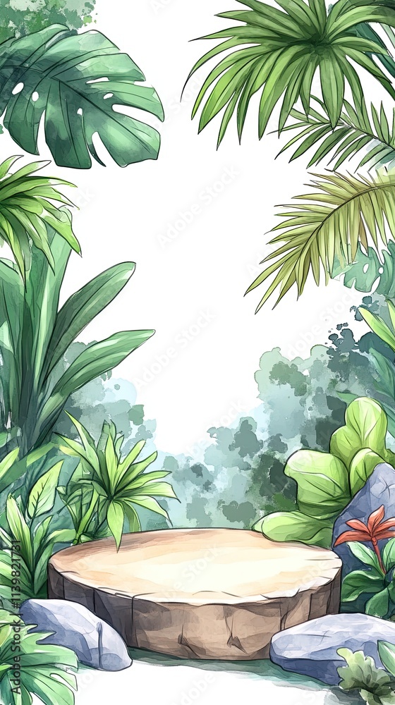 Fototapeta premium A wooden stump with green leaves and rocks in a tropical jungle setting.