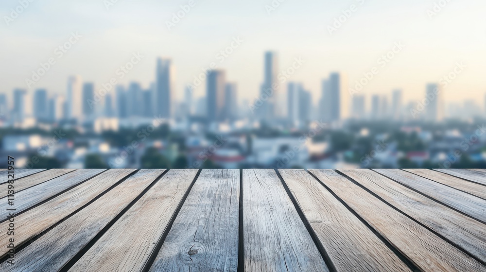 Wooden table with a city view in the background. The city is blurry and the table is the only thing in focus Wooden table with a city view in the background. The city is blurry and the table is the only thing in focus