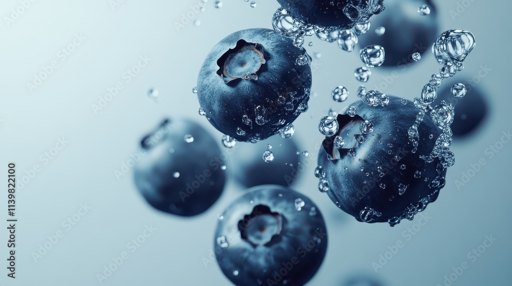 Plump Fresh Blueberries Floating in Mid-Air with Vibrant Blue Tones Plump Fresh Blueberries Floating in Mid-Air with Vibrant Blue Tones