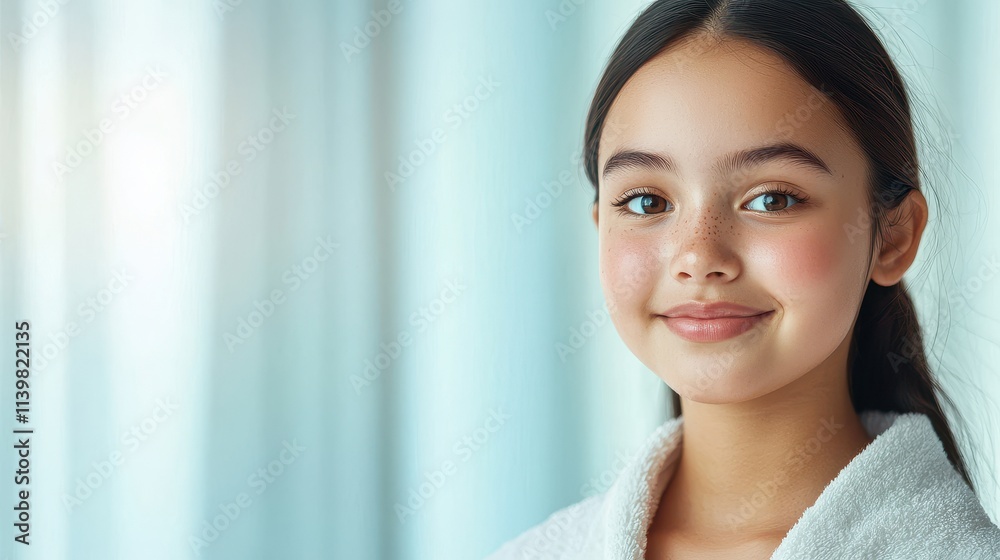 Skincare Routine for Kid and Teen Concept, Cheerful Teen Showing Off Glowing Skin After Morning Skincare Routine in Soft Light