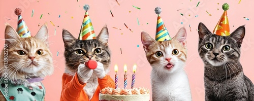 Funny cats in festive clothes, blowing a petard and celebrating with a birthday cake in front of them.