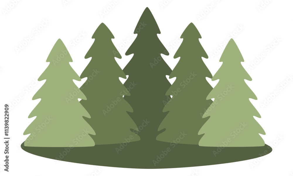 Fototapeta premium Flat illustration of layered pine trees in shades of green for a serene forest scene. Vector art in simple cartoon style for outdoor-themed designs, nature-inspired decor, or environmental visuals