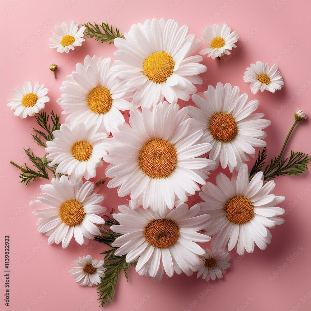 Obraz premium White chamomile daisies set against a pale pink background. A creative nod to summer and spr