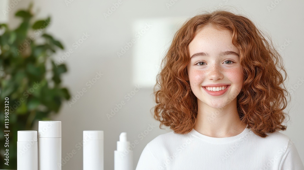 Skincare Routine for Kid and Teen Concept, Fresh-Faced Teen Smiling in Front of Mirror After Completing Skincare Routine with Natural Light Background Skincare Routine for Kid and Teen Concept, Fresh-Faced Teen Smiling in Front of Mirror After Completing Skincare Routine with Natural Light Background