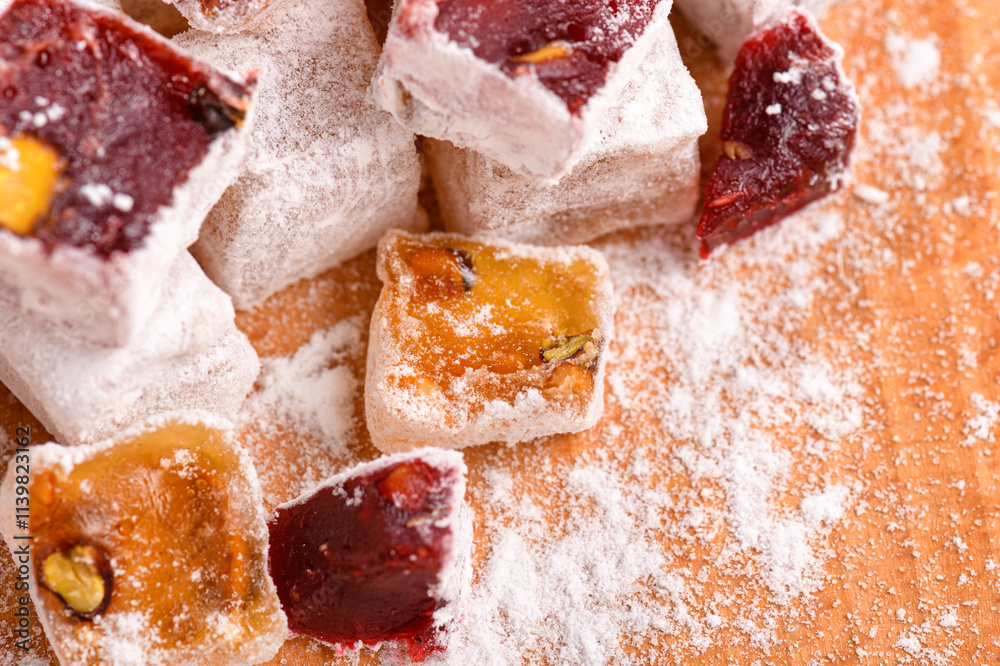 Sweet food Turkish delight, assorted rahat locum in form of cubes with nuts and powdered sugar, traditional food Sweet food Turkish delight, assorted rahat locum in form of cubes with nuts and powdered sugar, traditional food