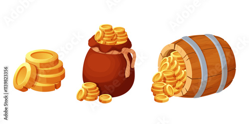 Set wooden barrel with treasure gold coins, old bag, sack isolated on white background. Ui game asset. Detailed, textured object. Container retro. 