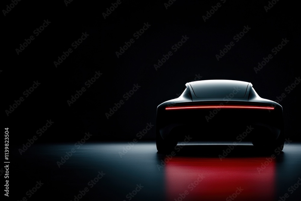 A futuristic electric car is illuminated against a dark background, showcasing its sleek silhouette and signature rear light design in a design studio setting A futuristic electric car is illuminated against a dark background, showcasing its sleek silhouette and signature rear light design in a design studio setting