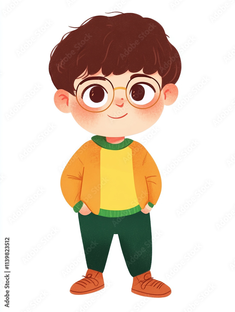 Cartoon illustration of a cute boy with curly hair, glasses, wearing an orange jacket and green pants Cartoon illustration of a cute boy with curly hair, glasses, wearing an orange jacket and green pants
