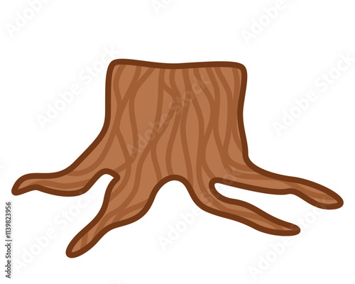 Vector illustration of a tree stump with detailed wood grain and roots in simple cartoon style. Great for outdoor-themed crafts, environmental visuals, storybook art, eco-friendly or forest visuals