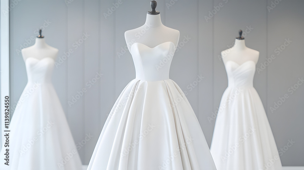 A light gray satin ball gown featuring a bodice and a full skirt, creating an elegant and graceful look.
A light gray satin ball gown featuring a bodice and a full skirt, creating an elegant and graceful look.