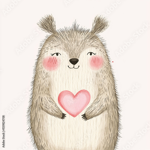 Watercolor illustration of a whimsical hedgehog holding a pink heart, featuring fluffy fur and a soft smile photo