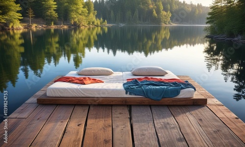 Mattress and pillows on a wooden dock overlooking a tranquil lake, natural surroundings, dock furniture photo