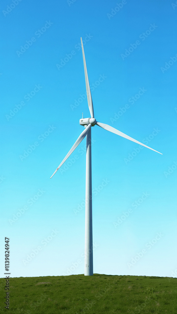 Fototapeta premium Majestic white wind turbine standing tall in green meadow under clear blue sky showcasing renewable energy technology with copy space