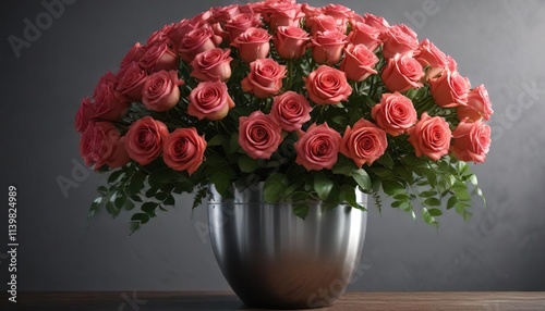 Long shot of a large and lush rose bouquet in a metal vase , grandeur, centerpiece photo