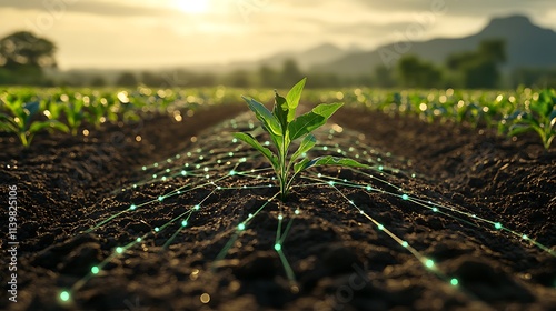 Green Plant Growing in Fertile Soil with Digital Technology Overlay Signifying Sustainable Agriculture Innovation