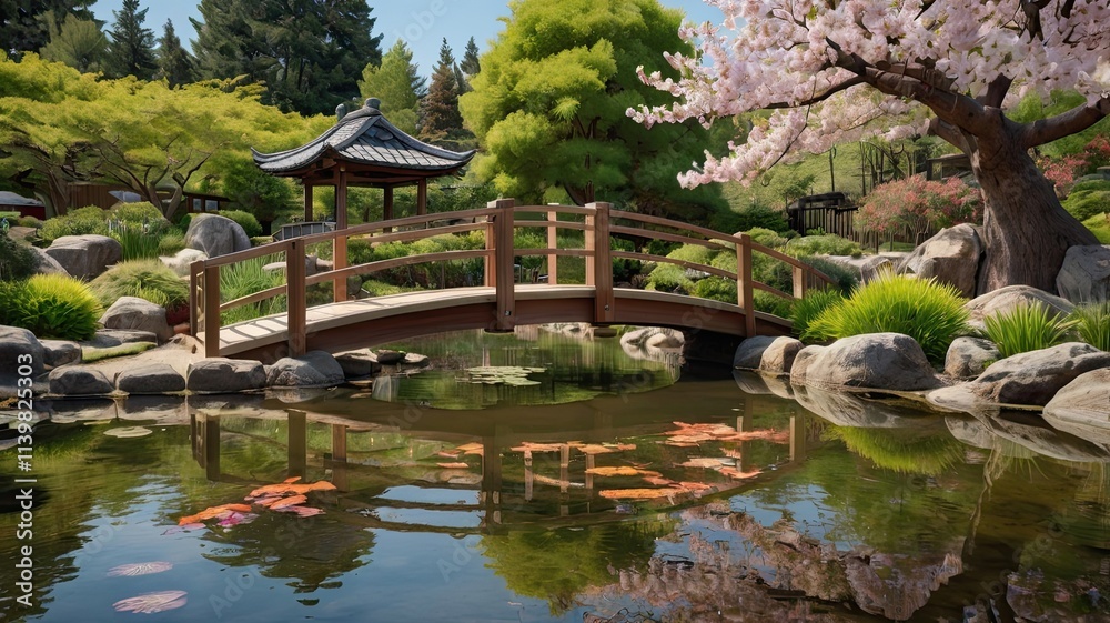Serene Koi Pond in Japanese Garden Serene Koi Pond in Japanese Garden