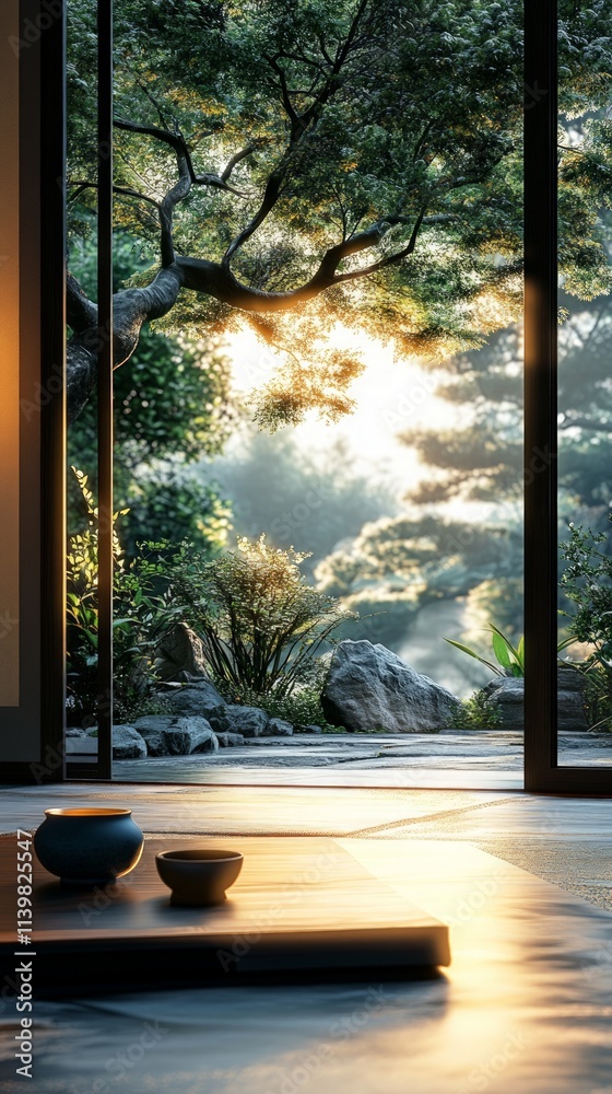 Tranquil Minimalist Zen Room at Night with Nature View Tranquil Minimalist Zen Room at Night with Nature View