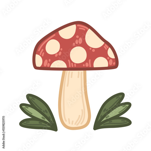 Cute toadstool mushroom with a red cap and dotted pattern, flanked by leaves. Vector illustration in simple cartoon style. Forest mushroom with bright red cap and creamy dots, framed by leafy accents
