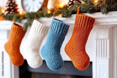 Memories ornaments nostalgia concept. Colorful knitted stockings hang from a cozy mantle, adorned with festive greens and warm lights, evoking holiday cheer and warmth.