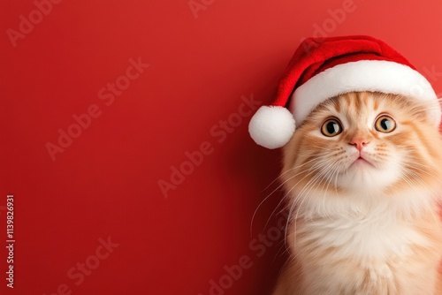 An adorable orange cat with bright eyes is wearing a classic red Santa hat. The vibrant red background adds a cheerful touch, perfect for holiday celebrations