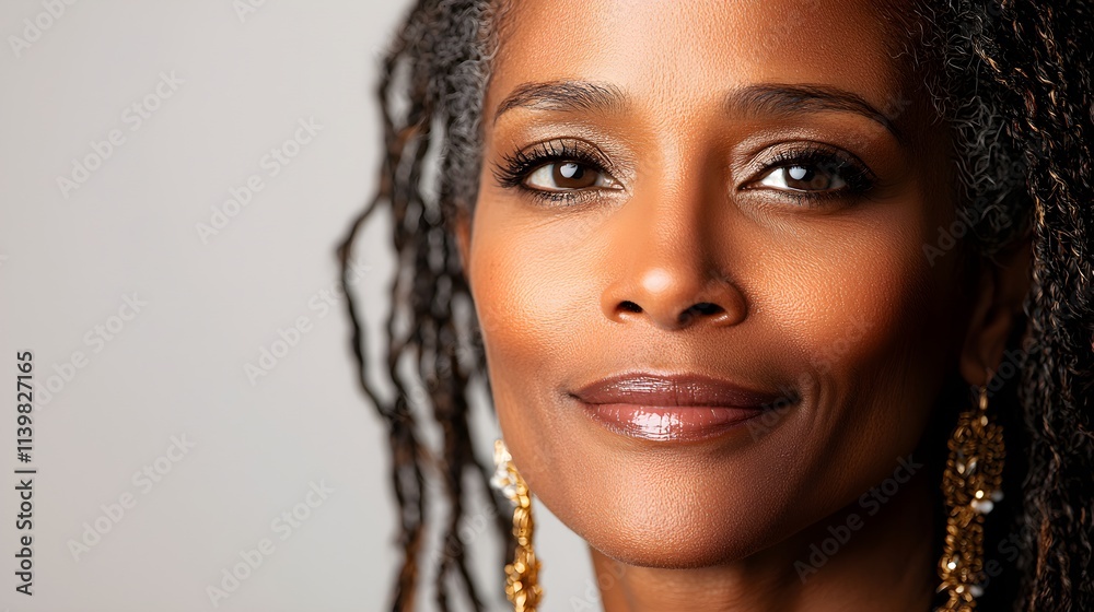 friendly portrait of African American woman with locs, warm smile, gentle lighting, realistic detail, isolated on white background
