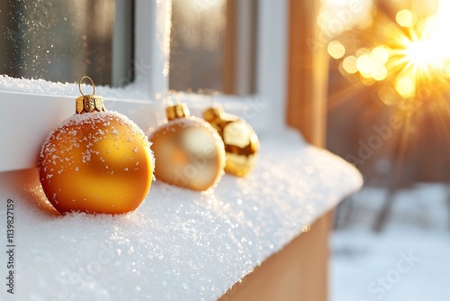 Memories ornaments nostalgia concept. Golden Christmas ornaments on a snowy windowsill with a sunset in the background, creating a warm, festive atmosphere.