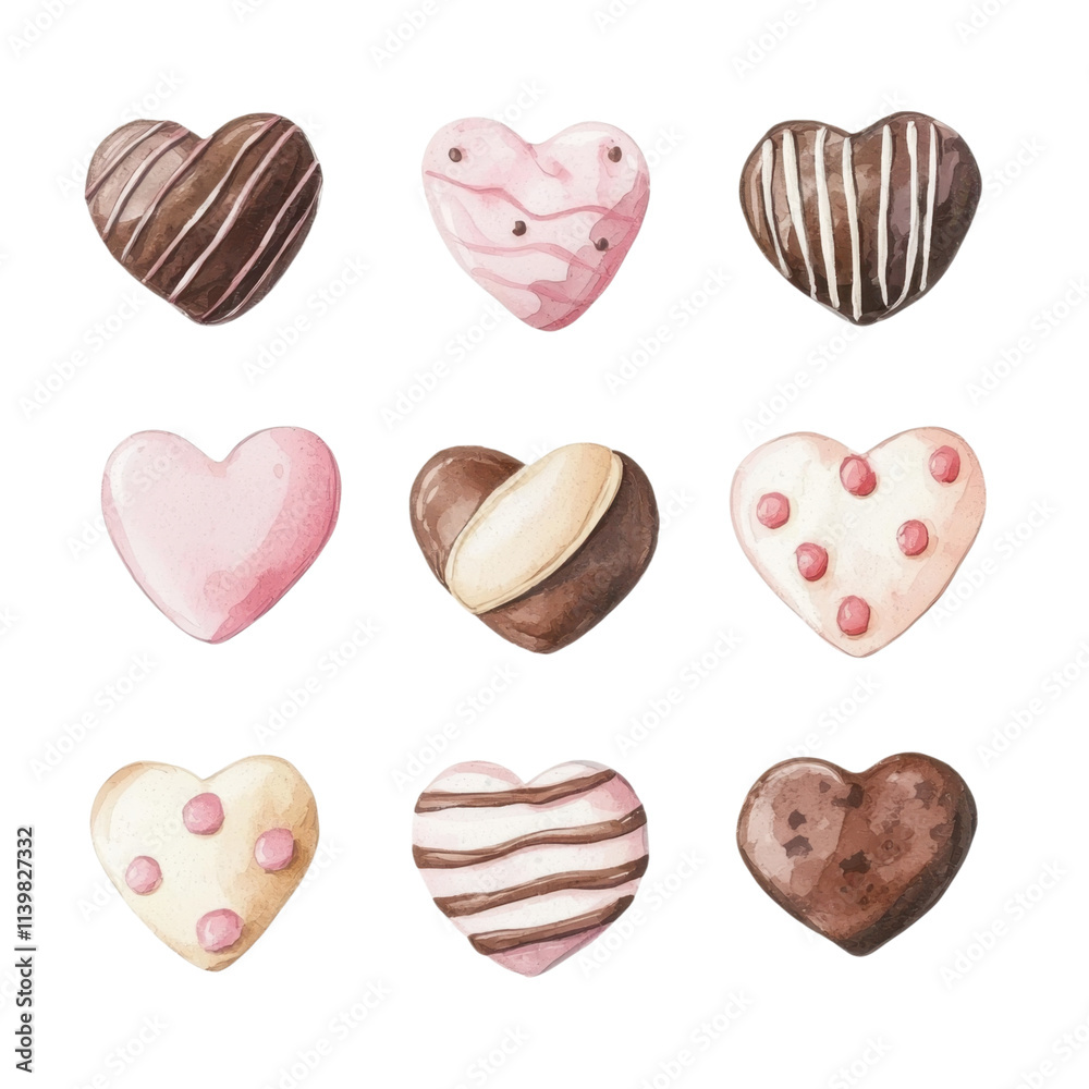 A collection of heart-shaped chocolates in various colors and decorations, showcasing delightful patterns and designs, white background, transparent background. A collection of heart-shaped chocolates in various colors and decorations, showcasing delightful patterns and designs, white background, transparent background.