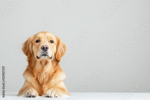 A golden retriever is lying comfortably with its front paws resting on a white surface. The backdrop is minimalist and features soft lighting that highlights the dog’s fur photo