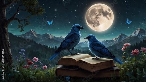 Two books, dark blue covers. One shows butterflies near a full moon over a landscape; 