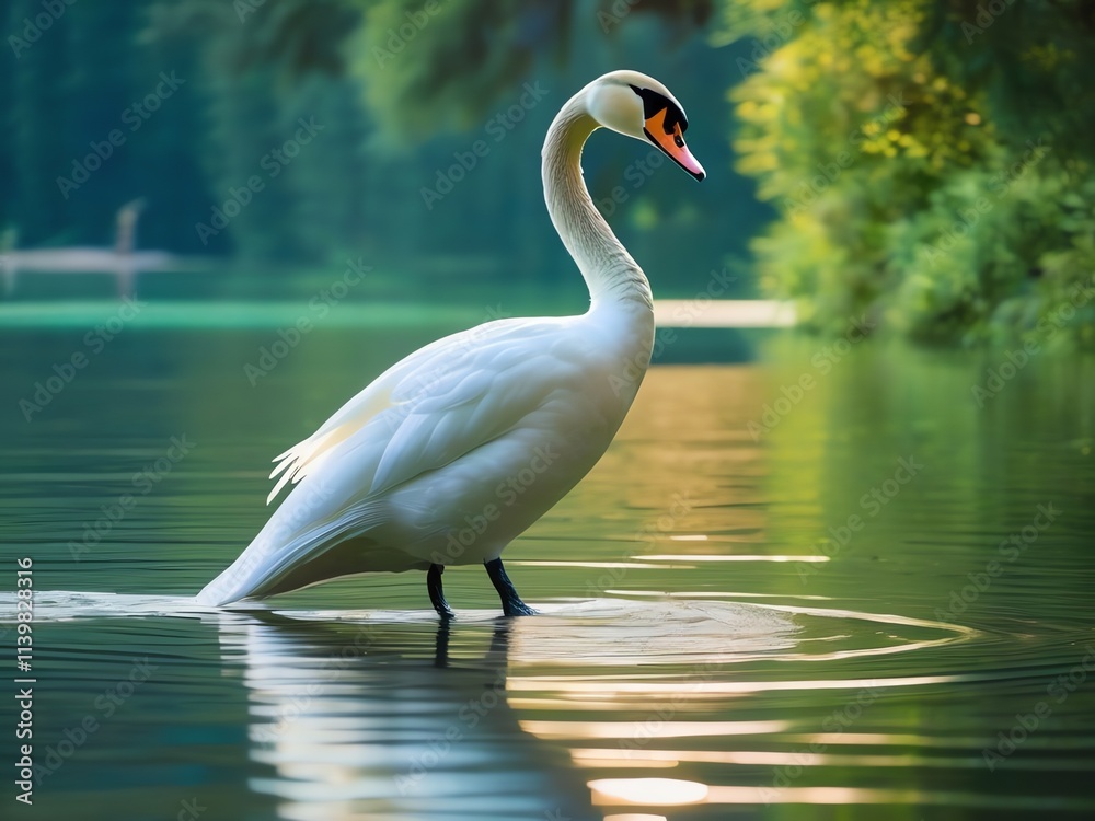 Fototapeta premium An image of a white swan at a green calm lake