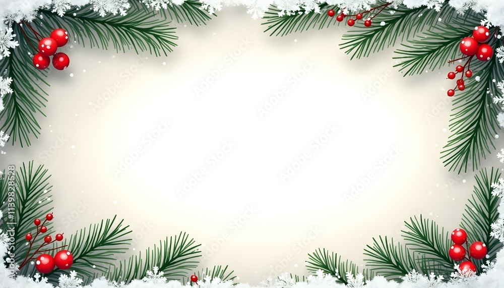 Christmas border with fir branches, holly berries and snowflakes on white background Christmas border with fir branches, holly berries and snowflakes on white background