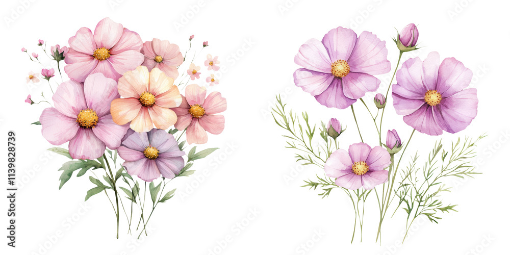 Fototapeta premium A vibrant arrangement of pink flowers with delicate petals and green foliage, showcasing a variety of blooms, white background, transparent background.