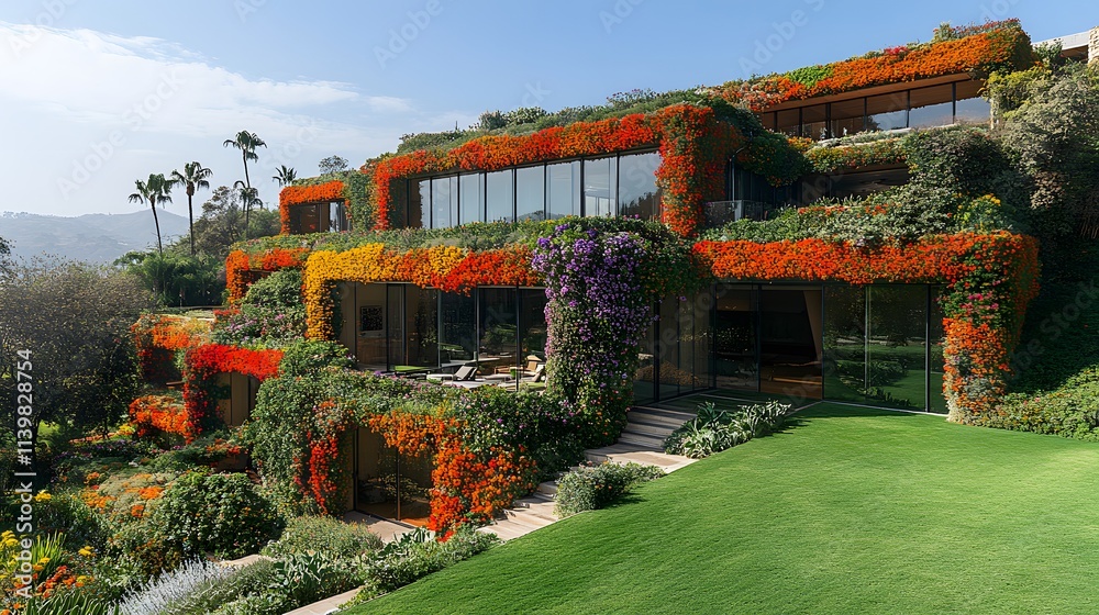 Fototapeta premium Garden design showcases a stunning hillside home adorned with vibrant blooming flowers, offering a harmonious blend of nature and modern architecture under the clear sky.