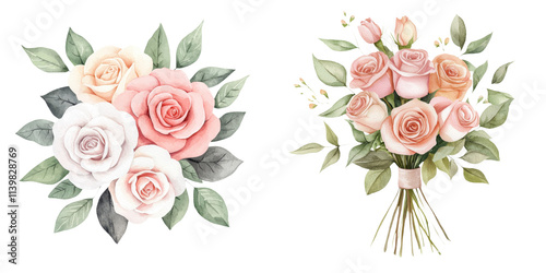 A collection of delicate roses in soft pink and white hues, accompanied by lush green leaves, white background, transparent background.