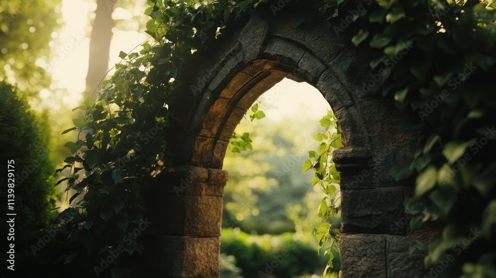 Fototapeta premium Stone Archway, Garden Oasis: Tranquil Sunset Scene