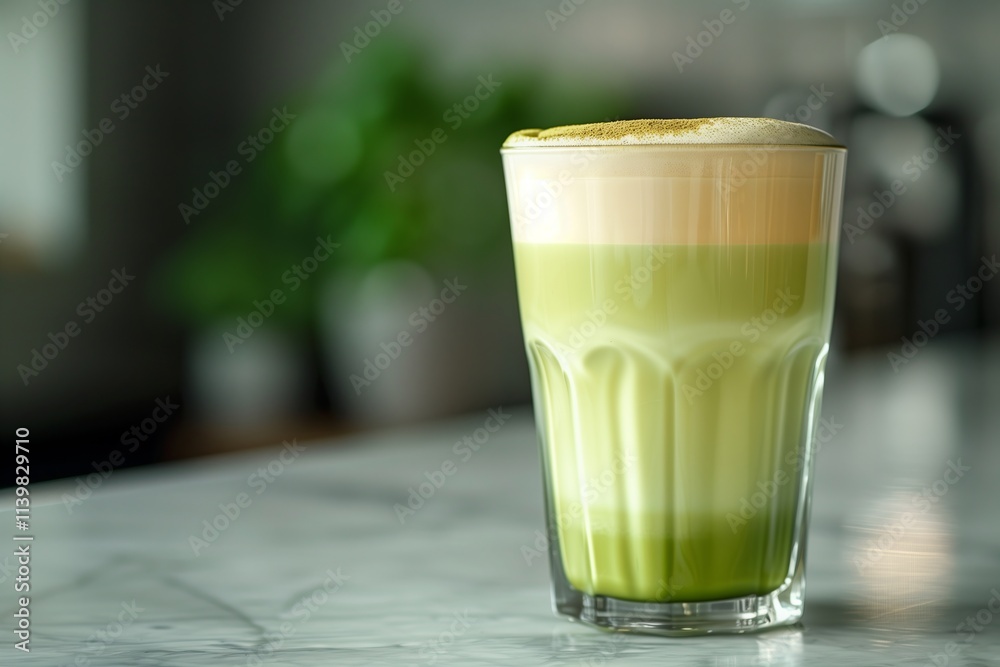 Refreshing layered green beverage in a clear glass on a marble surface. Refreshing layered green beverage in a clear glass on a marble surface.